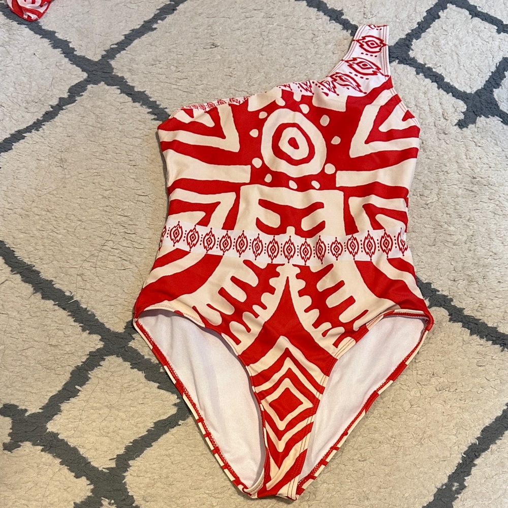 Red and White One-Shoulder Swimsuit with matching cover up pants